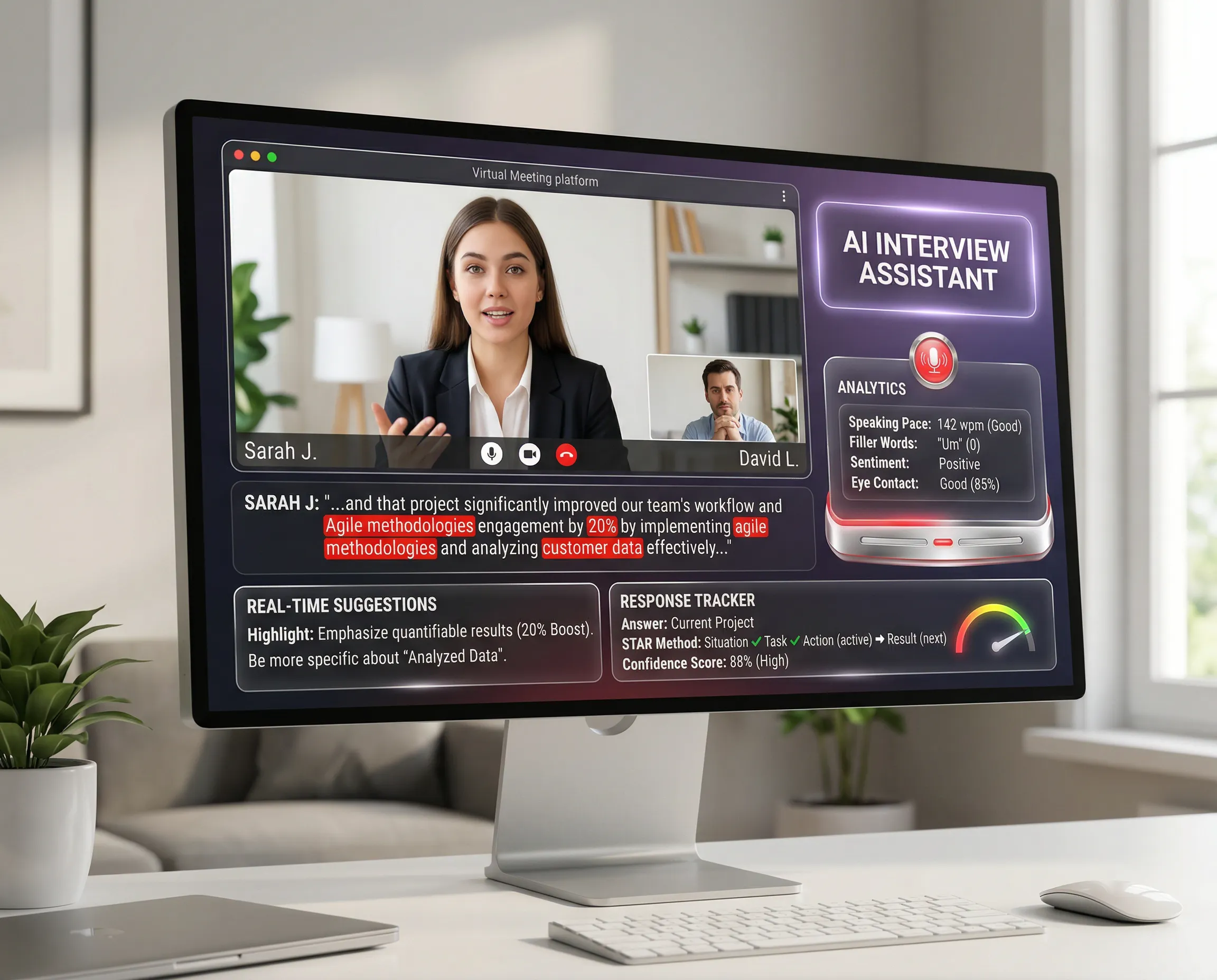 IMock AI desktop application showing confidence score dashboard with response structure suggestions and tone analysis