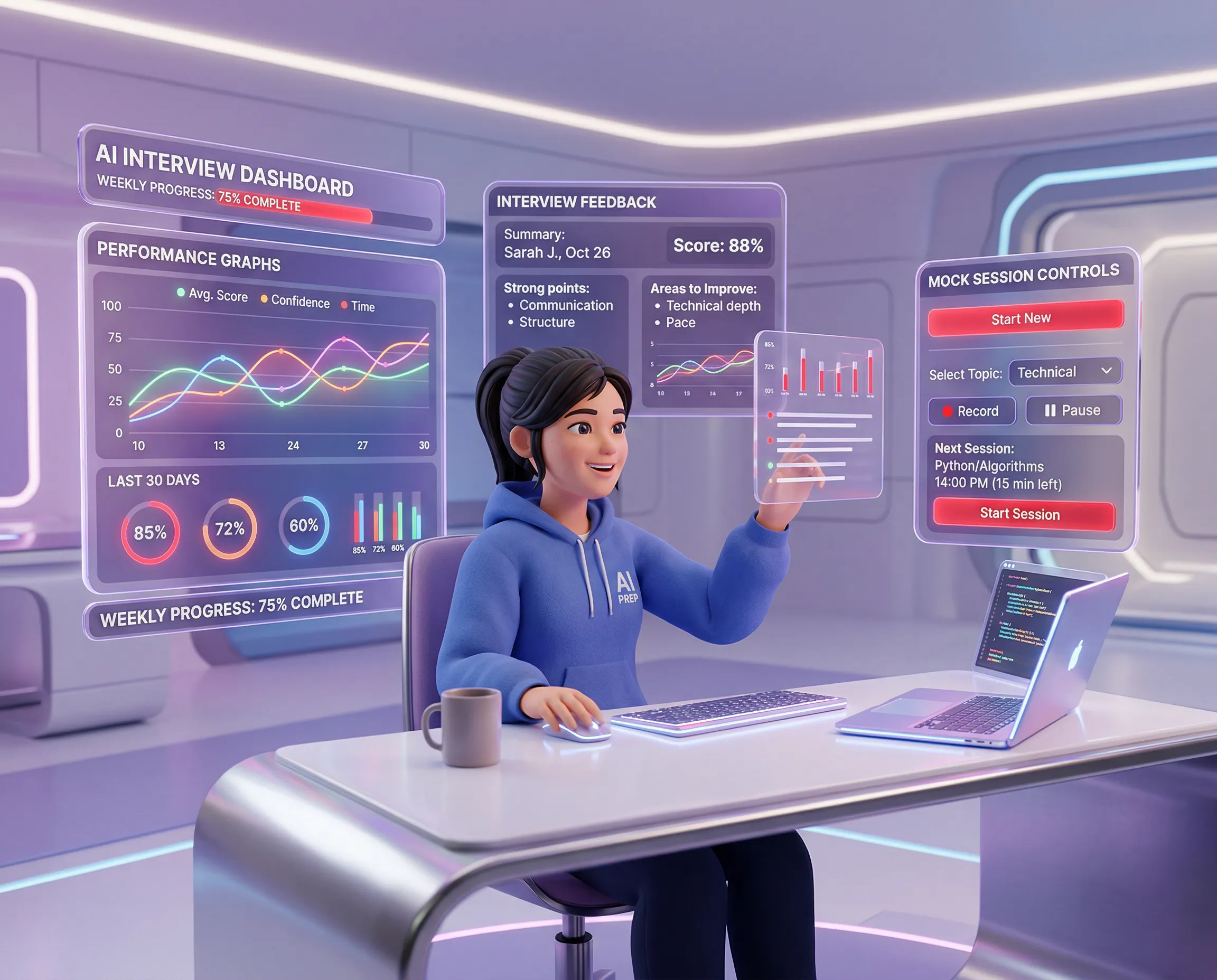 IMock AURA feature showing discreet interview prompts and structured answer hints overlay on desktop